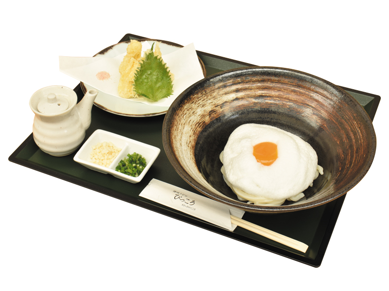 メレンゲ釜玉おうどん、とり天婦羅